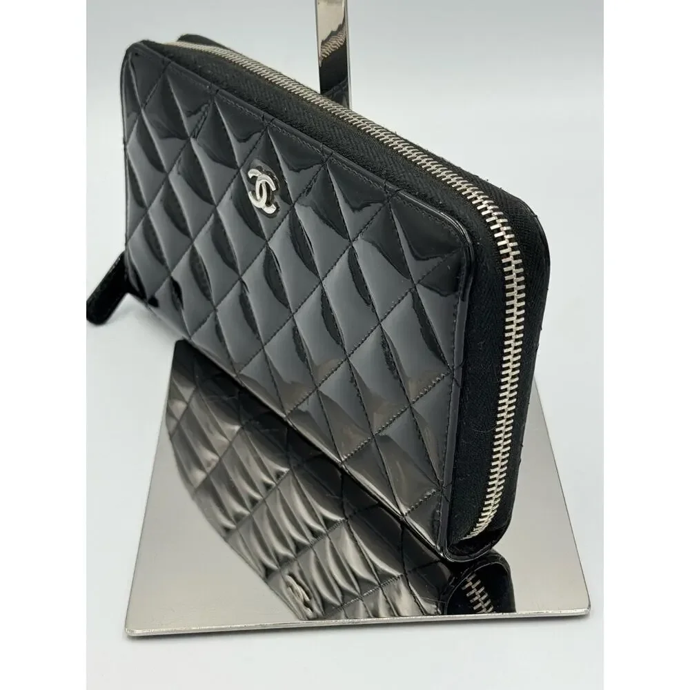 CHANEL Brilliant Patent Leather Zip Around Long Wallet Black Quilted CC Silver
